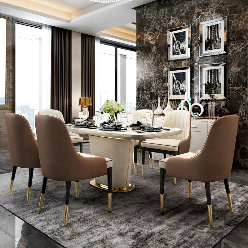 Norway Modern 63" Marble Rectangular Pedestal Dining Table PU Leather & Stainless Steel in Gold Norway Modern 63" Marble Rectangular Pedestal Dining Table PU Leather & Stainless Steel in Gold
