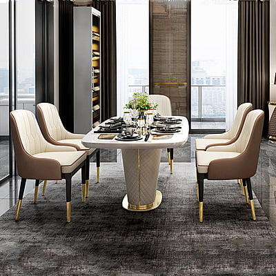 Norway Modern 63" Marble Rectangular Pedestal Dining Table PU Leather & Stainless Steel in Gold Norway Modern 63" Marble Rectangular Pedestal Dining Table PU Leather & Stainless Steel in Gold