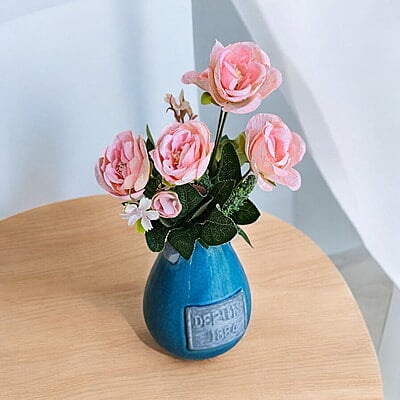 Blue Ceramic Vase with "Depuis 1884" Detail Blue Ceramic Vase with "Depuis 1884" Detail