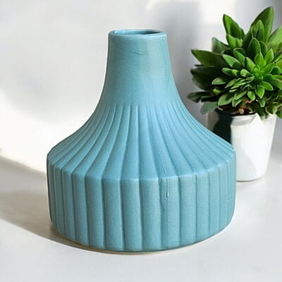 Teal Ceramic Vase with Ribbed Design