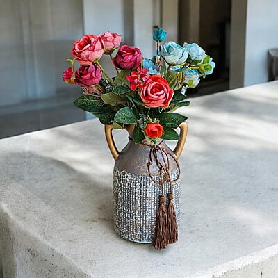 Grey Antique Ceramic Vase with Tassels and Double Handles