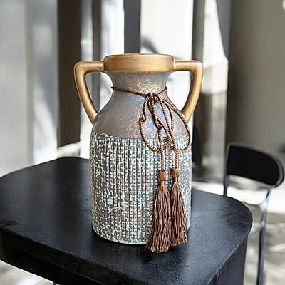 Grey Antique Ceramic Vase with Tassels and Double Handles