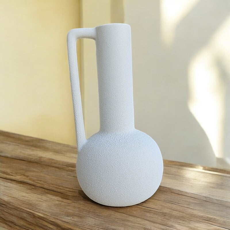 White Textured Ceramic Vase with Handle