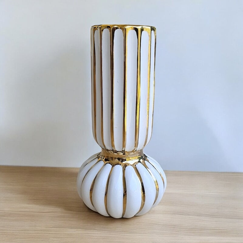 White Ceramic Vase with Gold Accents