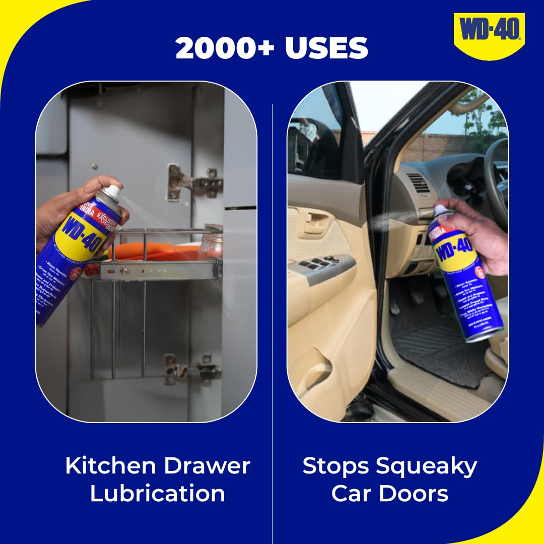 Multipurpose Spray WD-40, Lubricant, Rust Remover, Cleans Bike Chains, Squeak Noise Remover, Stain Remover, and Cleaning Agent, 344.4g
