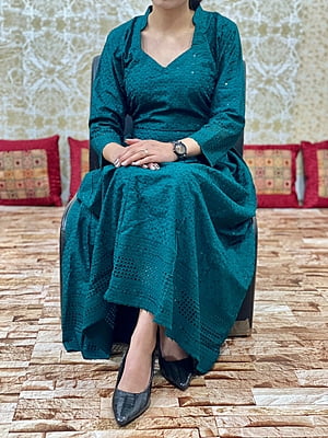 Chikan Schiffly Dress-BottleGreen