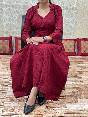 Chikan Schiffly Dress-Maroon