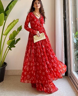 Floral Printed Georgette Angrakha Gown-Red-1 Floral Printed Georgette Angrakha Gown-Red-1