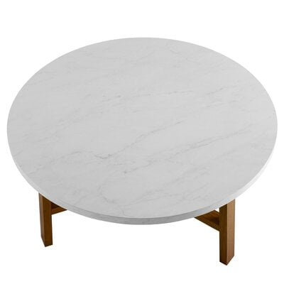 Contemporary Mid Century Modern Round Coffee Table in White Marble Top & Wooden Base Frame Contemporary Mid Century Modern Round Coffee Table in White Marble Top & Wooden Base Frame