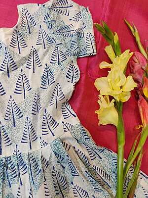 Soft cotton hand block print white and blue combination frock