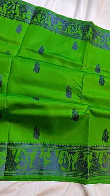 Parrot green color pure mulberry silk figure motif Baluchari saree Parrot green color pure mulberry silk figure motif Baluchari saree