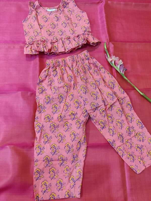 Co-ord set with unique hand block print pattern pink and yellow