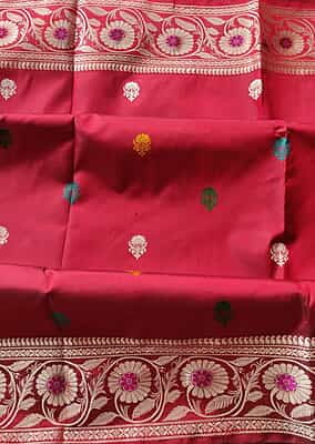 Revival Baluchari saree in pure Mulberry silk with multiple color buta in Cherry red red color Revival Baluchari saree in pure Mulberry silk with multiple color buta in Cherry red red color