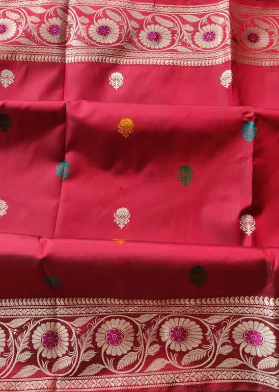 Revival Baluchari saree in pure Mulberry silk with multiple color buta in Cherry red red color Revival Baluchari saree in pure Mulberry silk with multiple color buta in Cherry red red color