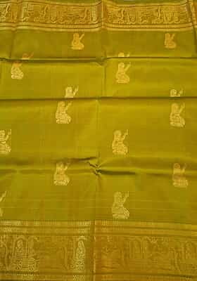 Golden green color Figurine motif pure Mulberry silk Baluchari saree Golden green color Figurine motif pure Mulberry silk Baluchari saree