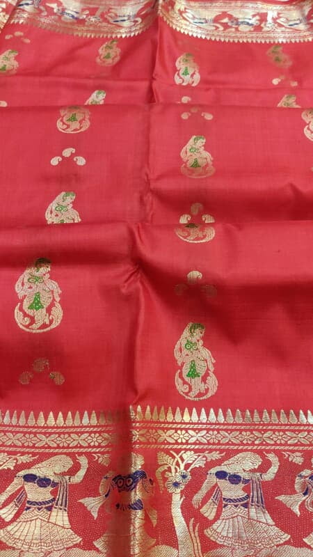 Green and blue meena work orange color figure motif pure Mulberry silk ...