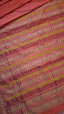 Hand Kntha stitch red rani pink dual tone on pure Mulberry silk