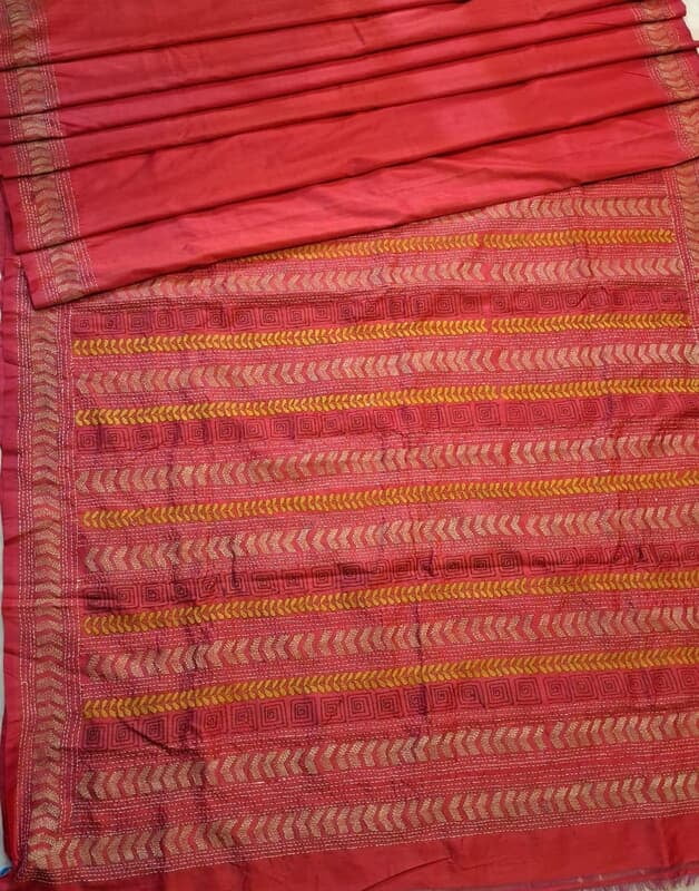 Hand Kntha stitch red rani pink dual tone on pure Mulberry silk