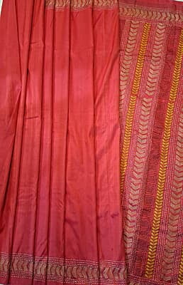 Hand Kntha stitch red rani pink dual tone on pure Mulberry silk
