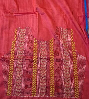 Hand Kntha stitch red rani pink dual tone on pure Mulberry silk