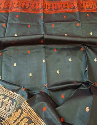 Black color pure Mulberry silk saree Baluchari saree with orange and beige ganga Jamuna border Black color pure Mulberry silk saree Baluchari saree with orange and beige ganga Jamuna border