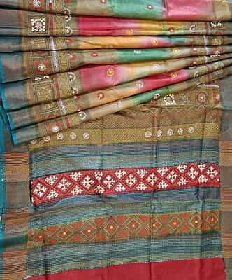 Tassar Lambani work saree in shades of Multiple color