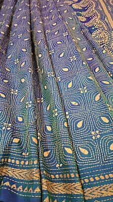 Hand kantha stitch on blue green dual tone pure Bangalore silk