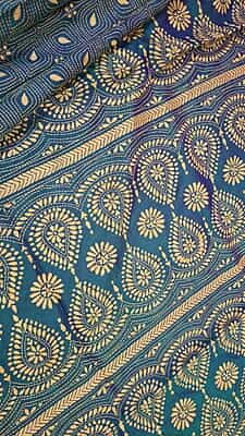 Hand kantha stitch on blue green dual tone pure Bangalore silk