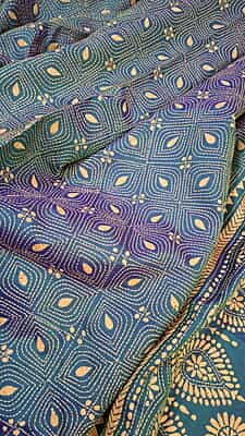 Hand kantha stitch on blue green dual tone pure Bangalore silk