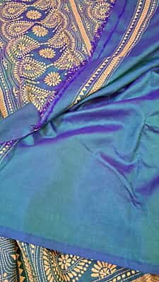 Hand kantha stitch on blue green dual tone pure Bangalore silk