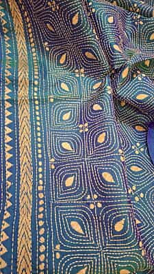 Hand kantha stitch on blue green dual tone pure Bangalore silk