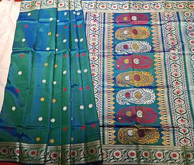 Color Blue Green Dual Tone Revival Baluchari Saree Color Blue Green Dual Tone Revival Baluchari Saree