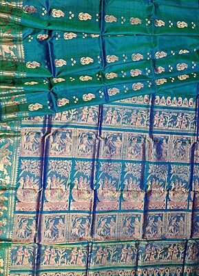 Color Blue green dual tone with golden colour zari Figure motif Swarnachari Color Blue green dual tone with golden colour zari Figure motif Swarnachari