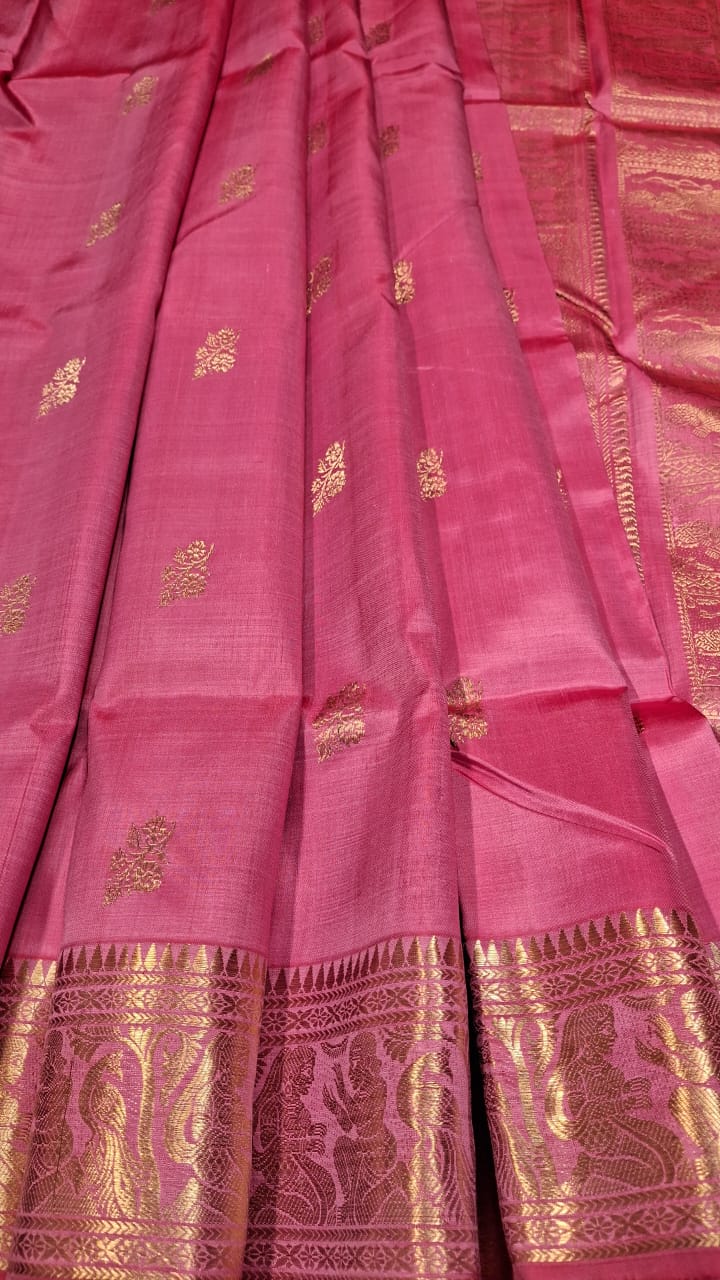 Flower Motif Swarnachari pink color resham saree with golden zari