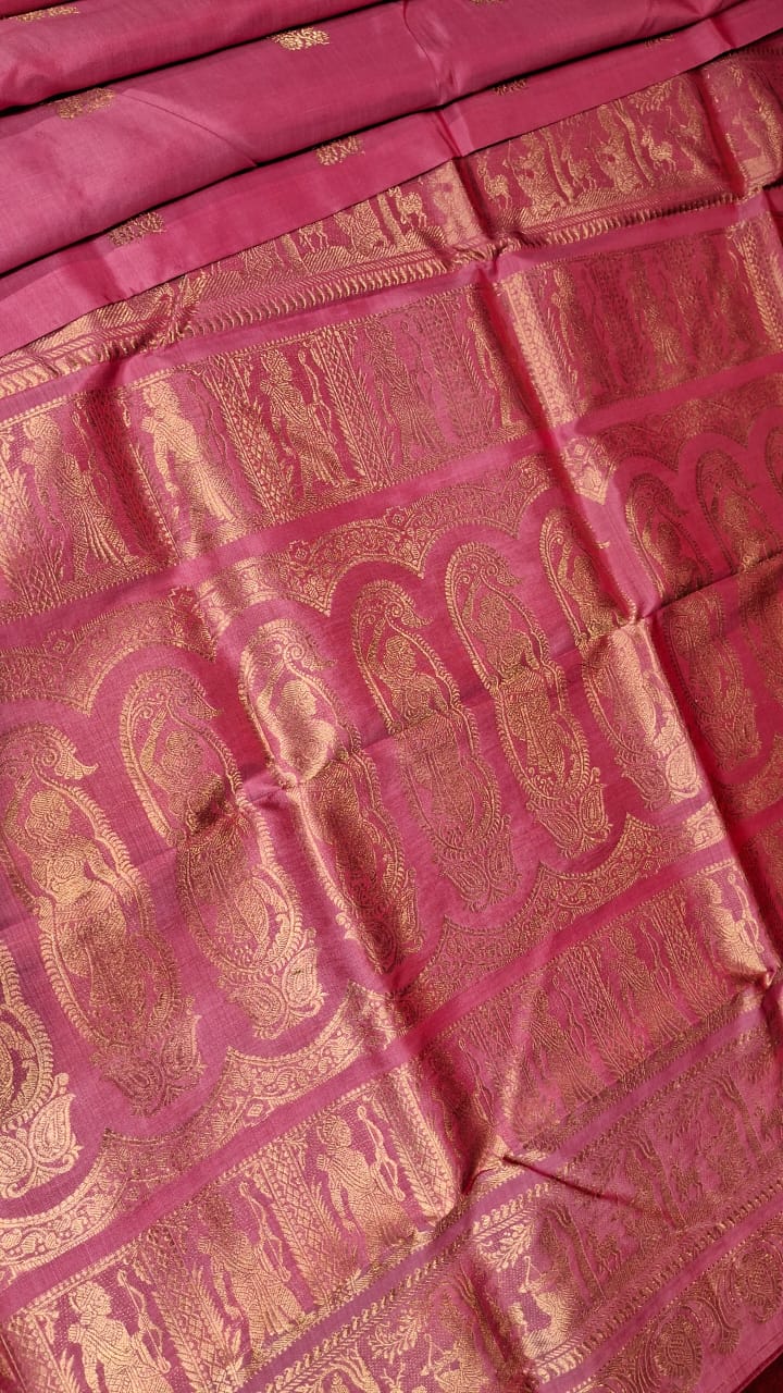 Flower Motif Swarnachari pink color resham saree with golden zari