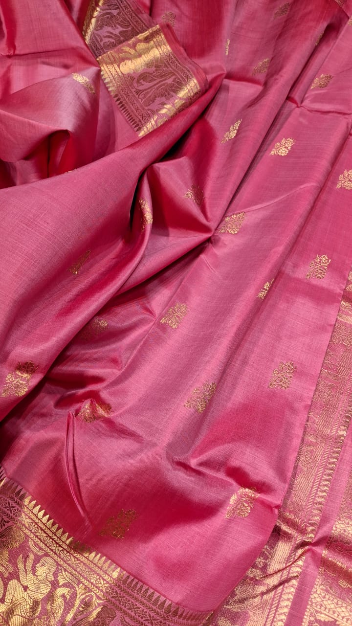 Flower Motif Swarnachari pink color resham saree with golden zari