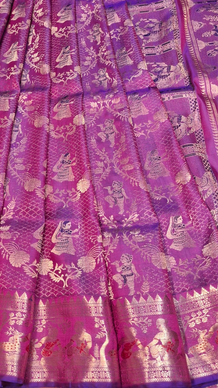 All over work Swarnachari Blue Rani pink dual tone with golden colour zari All over work Swarnachari Blue Rani pink dual tone with golden colour zari