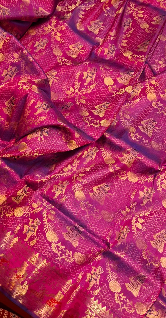 All over work Swarnachari Blue Rani pink dual tone with golden colour zari All over work Swarnachari Blue Rani pink dual tone with golden colour zari