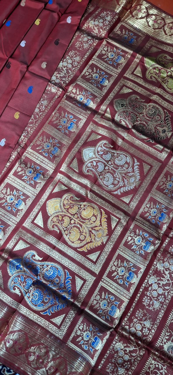 Maroonish red color golani buta mulberry silk revival swarnachari