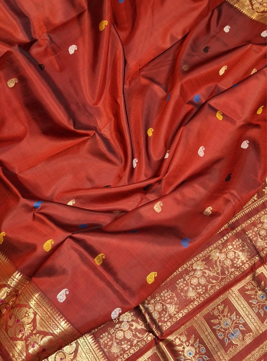 Maroonish red color golani buta mulberry silk revival swarnachari