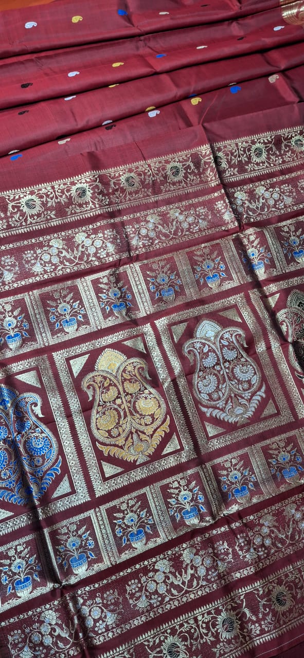 Maroonish red color golani buta mulberry silk revival swarnachari