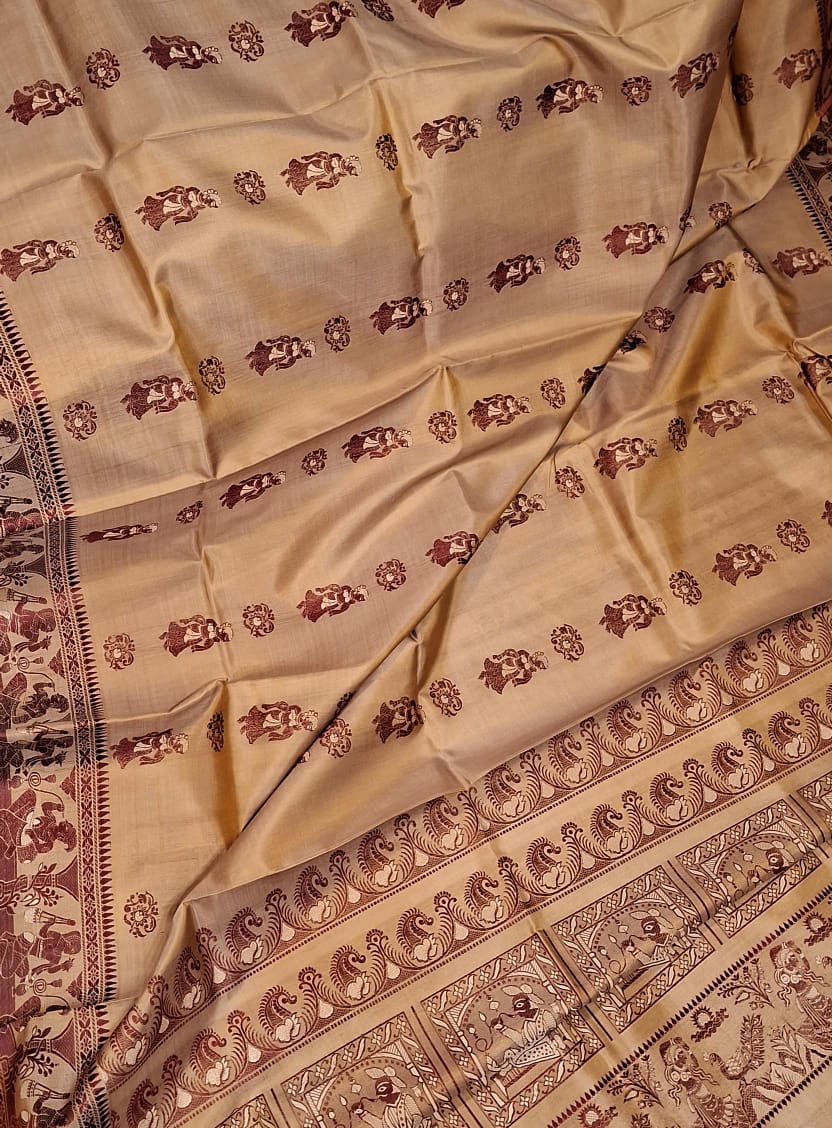 Figure motif Baluchari Color Mustard Chandan dual tone saree Figure motif Baluchari Color Mustard Chandan dual tone saree