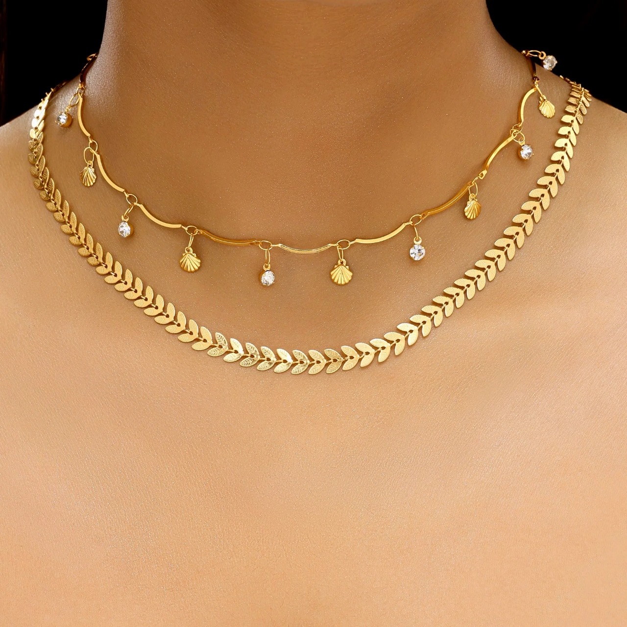 Anti-Tarnish Double Layer Chevron Chain with Shell Charms Necklace Anti-Tarnish Double Layer Chevron Chain with Shell Charms Necklace