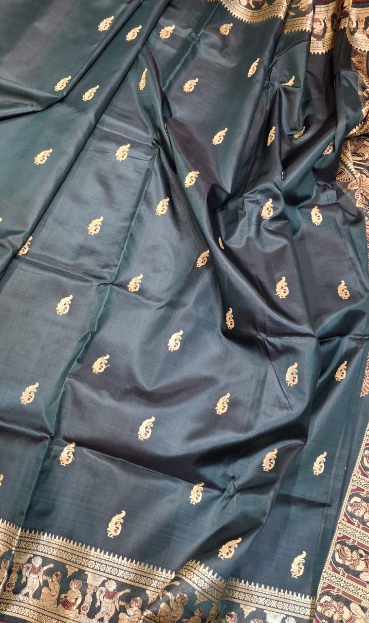Figure motif Baluchari saree in color petrol green