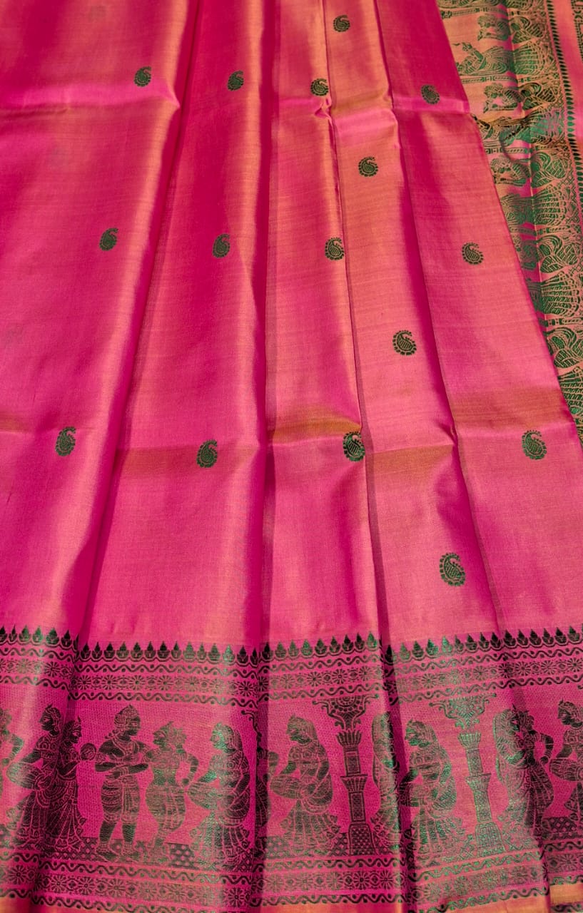 Mustard Rani pink dual tone body color with green motif pure Mulberry silk Baluchari saree