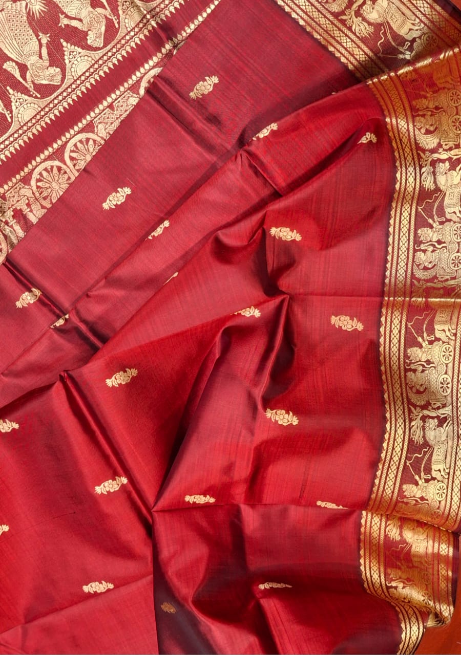 Maroonish red body color with beige motif pure Mulberry silk Baluchari saree Maroonish red body color with beige motif pure Mulberry silk Baluchari saree