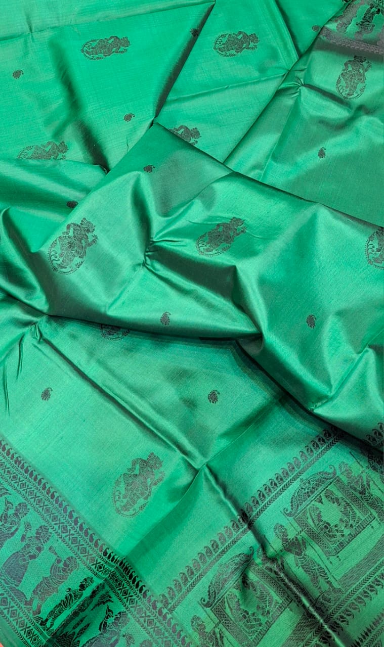 Bottle green color with beige motif pure Mulberry silk Baluchari saree
