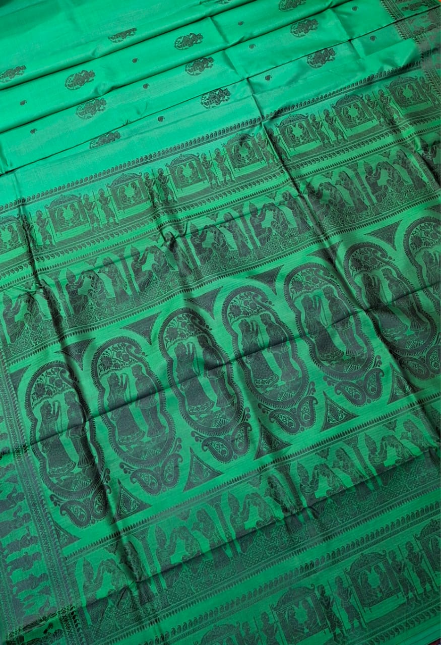 Bottle green color with beige motif pure Mulberry silk Baluchari saree