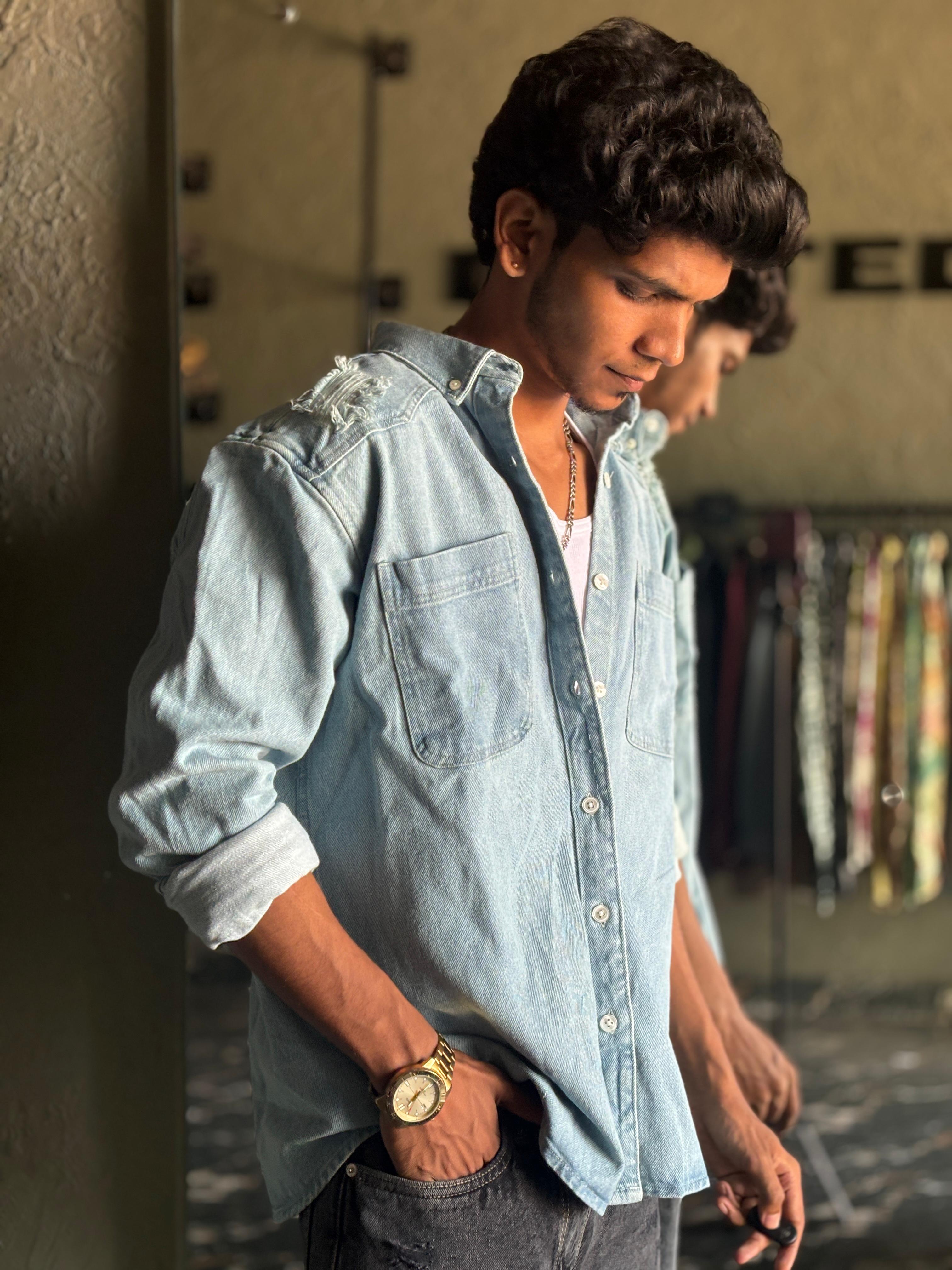 Sky blue distressed denim shirt Sky blue distressed denim shirt
