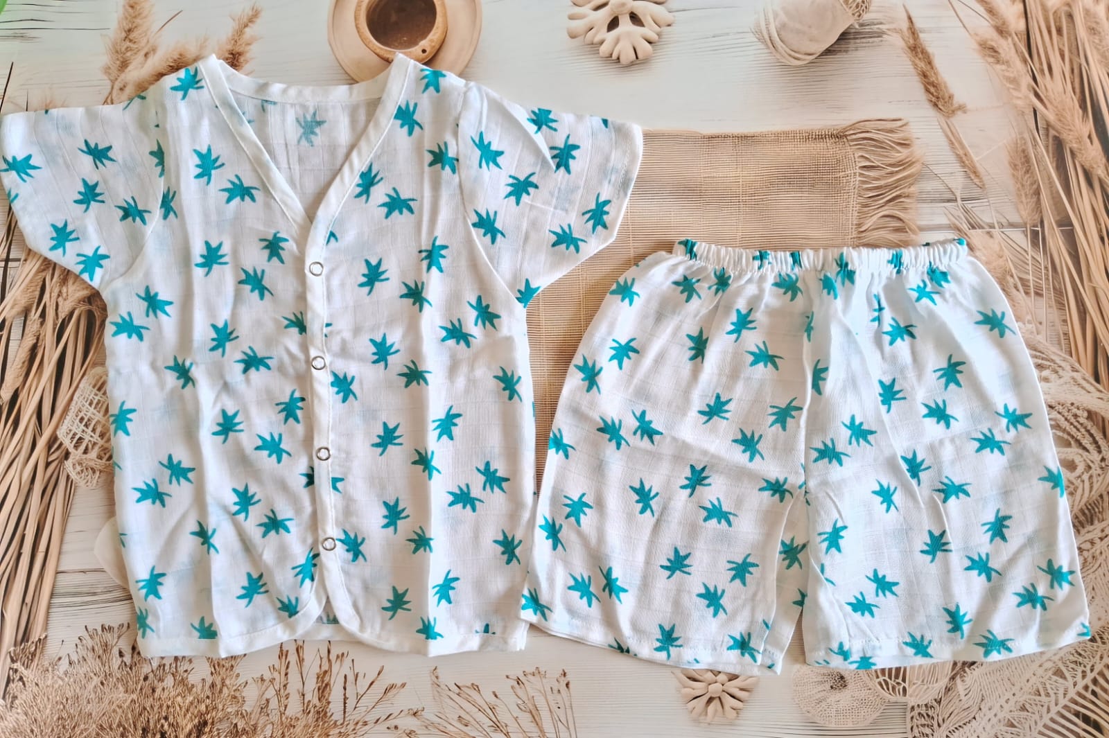Muslin Jabla Half sleeve Set - Blue Leaf Muslin Jabla Half sleeve Set - Blue Leaf